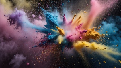 Fototapete - Colorful powder explosion creating vibrant clouds of pink blue yellow and purple against a dark background