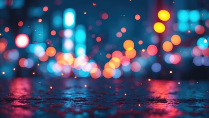 Poster - Abstract blurred city lights with bokeh effect in vibrant colors of blue orange and yellow reflecting on wet surface at night