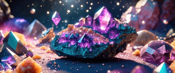 Poster - Colorful cluster of purple crystals on dark surface with glowing elements and various mineral formations in close-up view.
