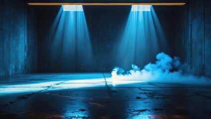 Poster - Illuminated empty room with blue lighting and smoke on the floor casting shadows in a grunge concrete environment