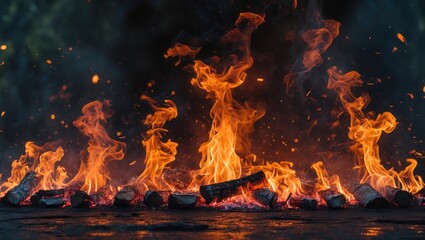 Poster - fire flames burning brightly with glowing embers and logs on dark background creating dynamic moveme