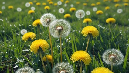 Poster - field of blooming yellow dandelions and white puffball seed heads with lush green grass in a bright 