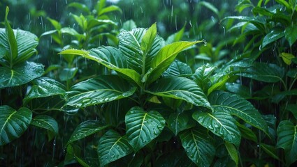 Poster - green lush foliage with raindrops on leaves in a dense plant background during rainfall in a natural