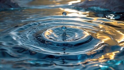 Poster - Water droplet creating ripples on surface of blue water with reflections of light and soft golden tones in background