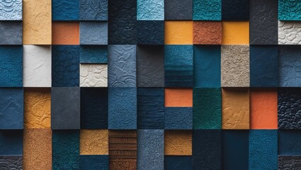 Poster - Colorful texture samples arranged in a grid pattern featuring various shades of blue, orange, and gray with intricate surface designs.