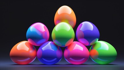 Poster - Colorful glossy decorative eggs arranged in a pyramid formation on a dark background. Vibrant hues and reflective surfaces.