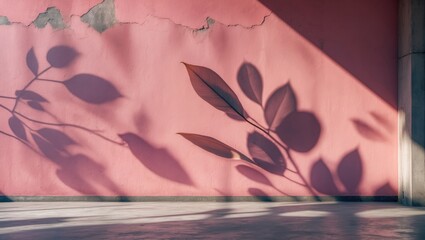 Poster - Shadows of leaves on a pink wall with distressed texture and sunlight creating a contrasting effect in an indoor setting