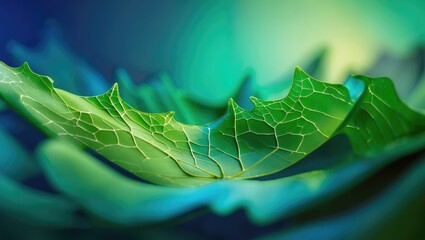 Poster - Close-up of green leaves with intricate vein patterns and soft gradient background of blue and green colors