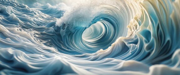 Poster - Dynamic ocean wave with intricate patterns and textures in shades of blue and cream, capturing the movement and turbulence of water.