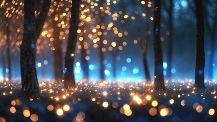 Poster - Forest at night illuminated by soft glowing lights surrounded by trees with blue and warm orange bokeh effects on the ground