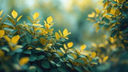 Poster - Close-up of green and yellow foliage with soft focus background in a natural setting during daylight.
