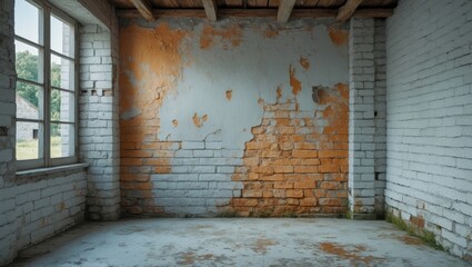 Poster - empty room with cracked walls showing orange peeling paint and a large window letting in natural lig