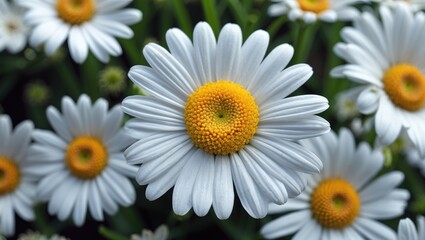 Poster - close-up of white daisy flowers with yellow centers on green background in a garden setting