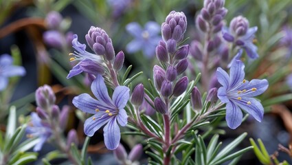 Wall Mural - Purple flowering plant with delicate blooms and green foliage, shallow depth of field, natural lighting, close-up shot.