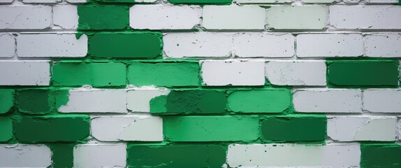 Poster - Green and white painted brick wall texture with varying shades and patterns of green paint.