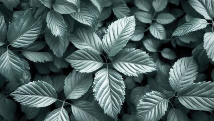 Poster - Close-up monochrome pattern of lush green leaves with varying shapes and textures in a natural setting
