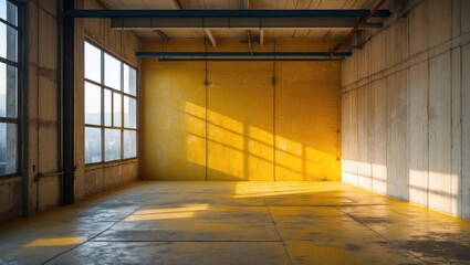 Poster - Empty industrial interior with yellow wall and large windows casting shadows on concrete floor during daylight.