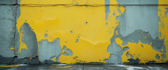 Poster - Abstract textured wall with chipped yellow and gray paint displaying peeling layers and rough surface details.