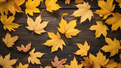 Poster - Scattered autumn leaves on dark wooden surface in various shades of yellow and brown texture background