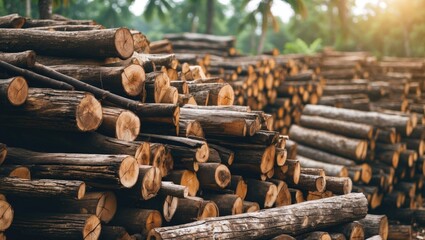 Poster - Stacked logs in a lumber yard with sunlight filtering through trees in a natural outdoor setting.