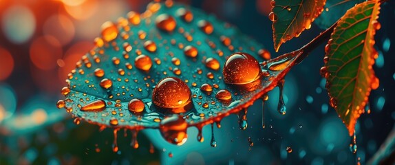 Poster - Close-up of water droplets on a green leaf with blurred background and warm bokeh illumination in natural setting