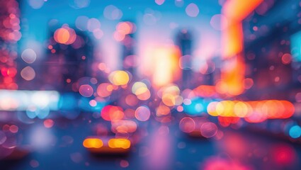 Poster - Abstract city lights bokeh background with colorful out of focus urban night scene featuring blurred buildings and traffic lights.