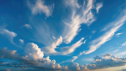 Poster - Cloudy sky with wispy clouds under blue atmosphere at sunset natural background