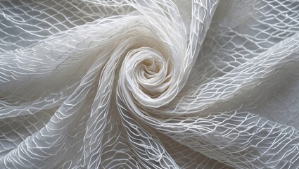 Poster - White textured fabric in spiral arrangement showcasing intricate mesh pattern and soft, lightweight material suitable for various applications