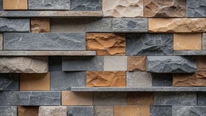 Poster - Textured stone wall with various colors and shapes arranged in a geometric pattern for architectural or interior design use