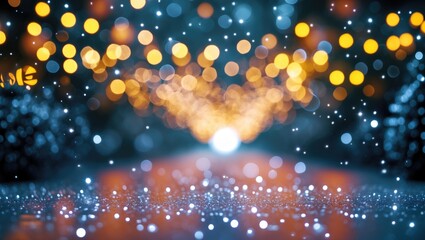 Poster - Blurred festive background with colorful bokeh lights and snowflakes on reflective surface during winter season