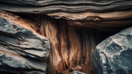 Poster - Wooden texture and rock formations in natural environment showcasing layered patterns and earthy tones