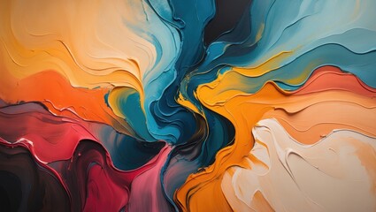  - Colorful abstract swirl of paint in shades of blue, orange, red and yellow creating a dynamic and vibrant visual texture.