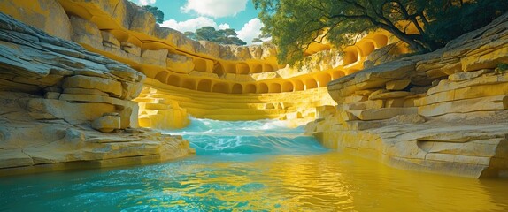 Poster - Golden rock formations and flowing blue water under a bright sky in a scenic landscape with lush greenery