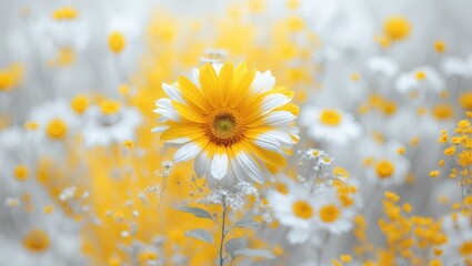 Poster - yellow and white flower in a blurred background of yellow and white wildflowers with a soft focus an