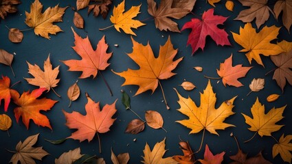Poster - Multicolored autumn leaves scattered on a textured dark background creating a natural seasonal decorative pattern