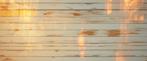 Poster - Light wooden wall texture with peeling paint and warm sunlight reflections in a rustic style