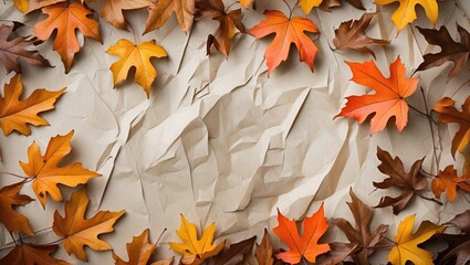 Poster - Autumn leaves in vibrant colors arranged on crumpled beige paper creating a natural textured background