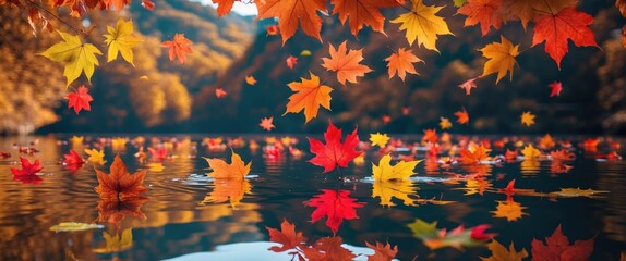 Poster - Autumn leaves falling on a tranquil lake reflecting vibrant seasonal colors and natural scenery in soft light atmosphere