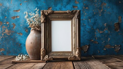 Poster - Vintage wooden frame with blank space for photo beside antique vase with dried flowers on rustic wooden surface against textured blue wall.
