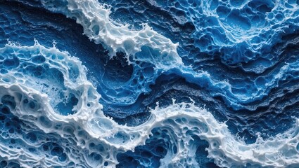 Poster - Abstract close-up of ocean waves with white frothy texture and deep blue water patterns creating a dynamic surface composition