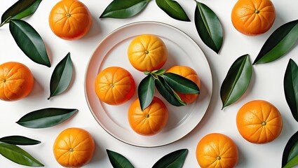 Poster - Oranges arranged on a plate surrounded by green leaves on a white background natural light composition