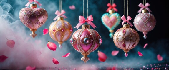 Poster - Colorful vintage Christmas ornaments in heart shapes hanging above pink flower petals and misty background