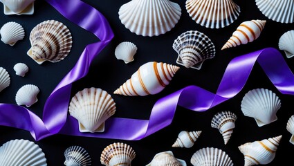 Poster - Colorful seashells arranged with purple ribbon on dark background, creating vibrant contrast and texture in composition.