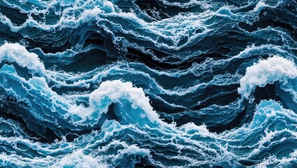 Poster - High resolution ocean waves with dynamic blue colors and frothy white foam patterns on a dark water surface