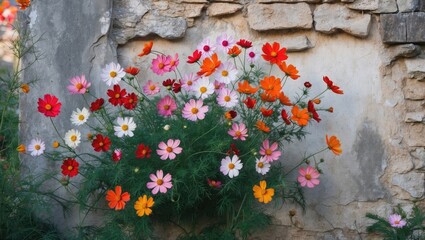 Poster - Colorful wildflowers in bloom against a rustic stone wall with varying hues of pink, red, orange, and white petals.