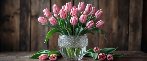 Poster - Pink tulips in a clear glass vase on a wooden table with a rustic background showcasing fresh flowers and green leaves