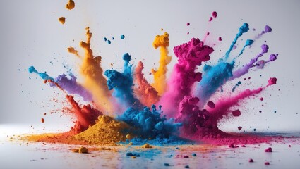 Poster - vibrant explosion of colored powder in pink blue orange and yellow creating dynamic cloud on white background