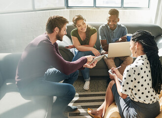 Poster - Tablet, office and business people in meeting on sofa for teamwork, collaboration and discussion. Startup, company and men and women on digital tech for SEO research, project feedback and website