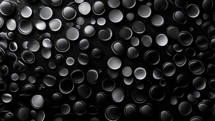 Poster - Black background with various sizes of reflective circular shapes creating a textured abstract pattern.