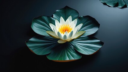 Poster - Lotus flower with white petals and yellow center resting on green leaves against a dark background